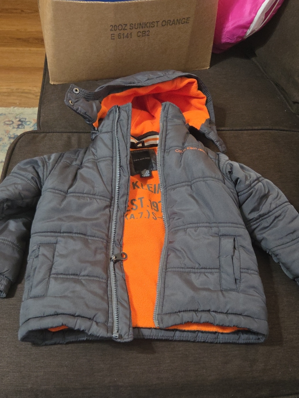 Calvin Klein Jeans Gray Puffer Jacket with Bright Orange Lining XS 5/6
